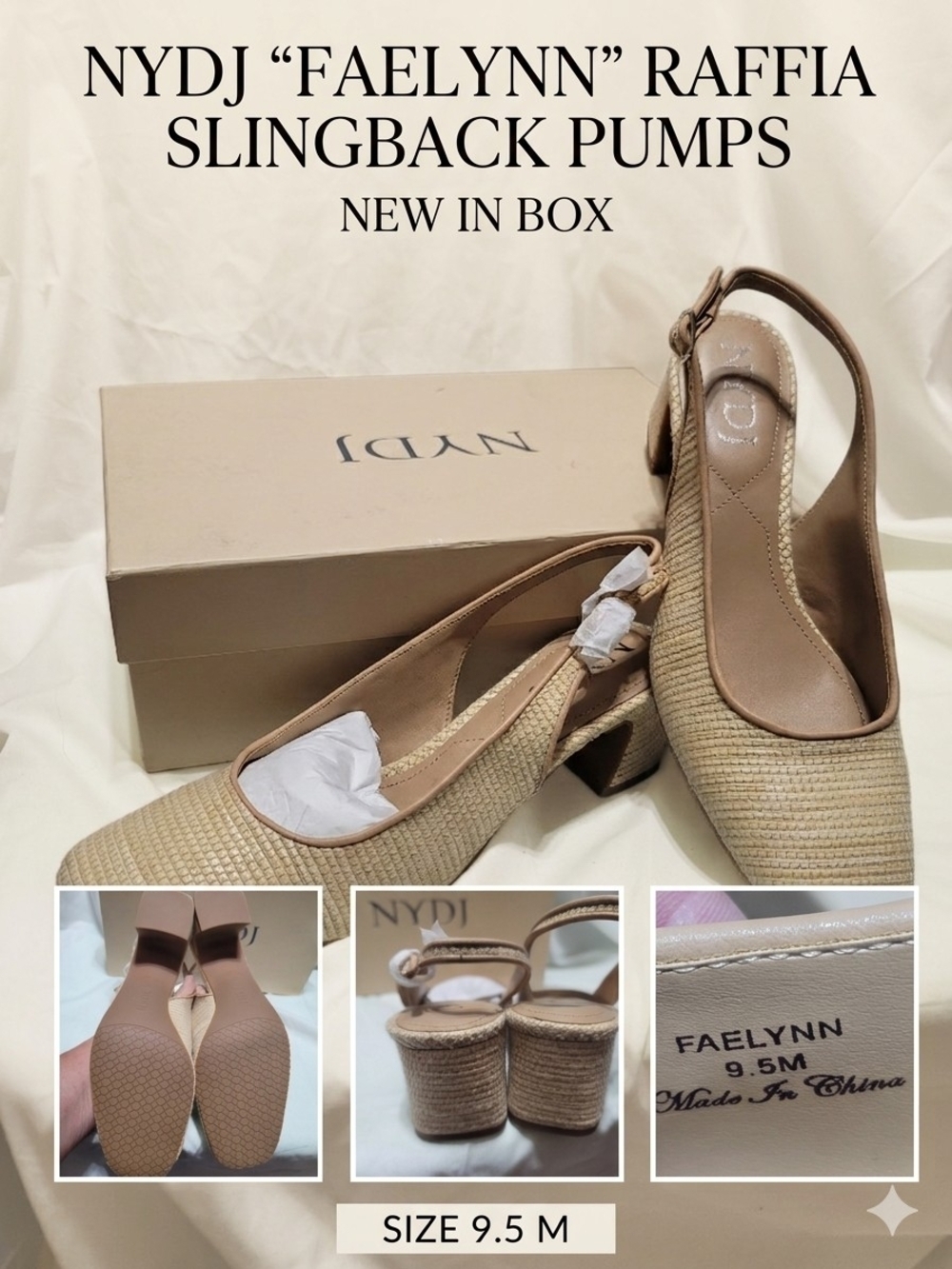 NYDJ Faelynn Raffia Slingback Pumps Natural Tan Block Heel New In Box 9.5M